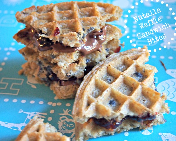 Nutella Waffles Sandwich bites with yogurt for dipping.