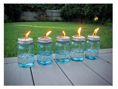 Mason Jar Oil Lamps keep the bugs away.