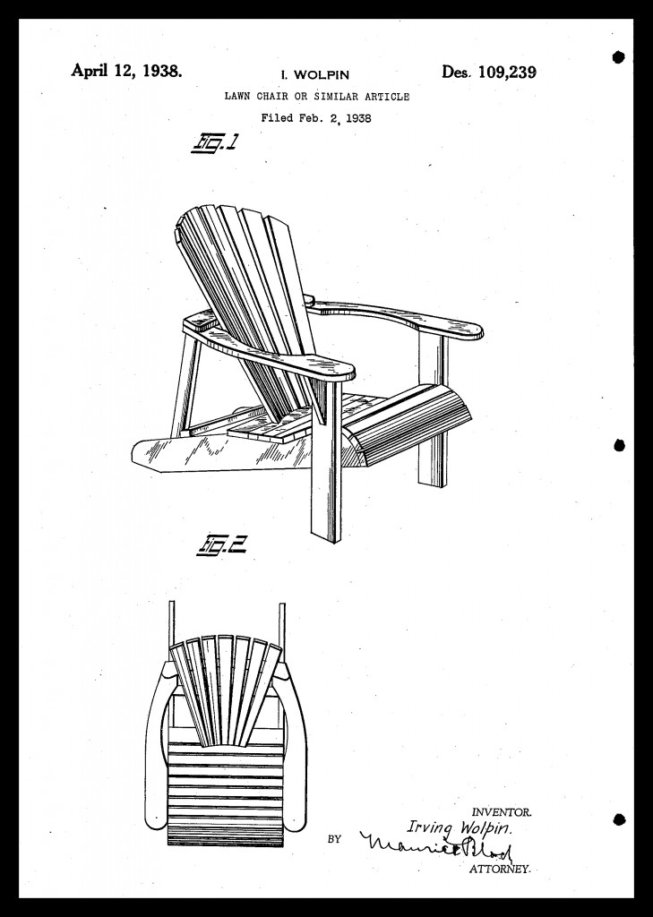 Irving Wolpin patented an Adirondack chair with a rounded back and contoured seat in 1938, a similar design to the chairs we enjoy today.