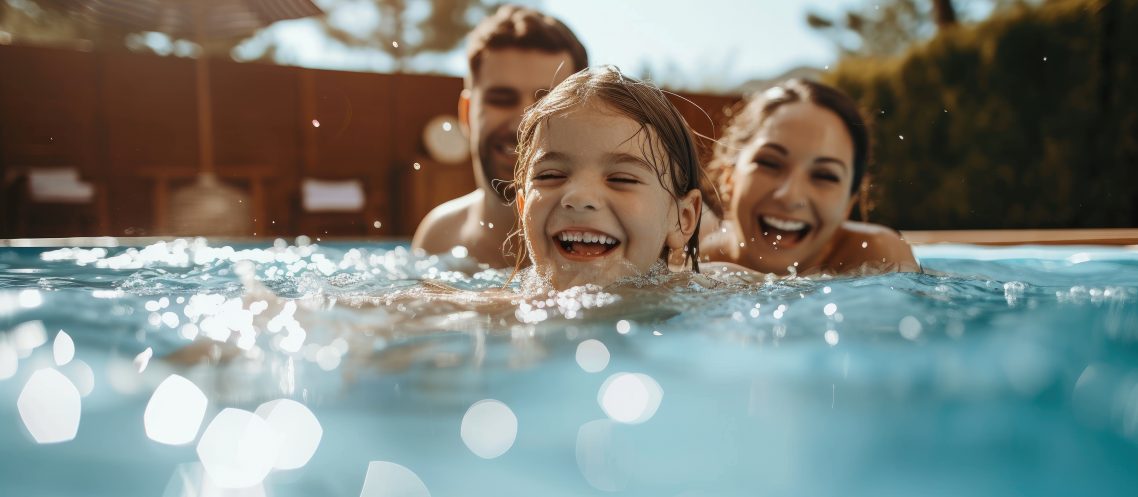 Small family with young daughter playing in outdoor backyard swimming pool. Small family with young daughter playing in outdoor backyard swimming pool.